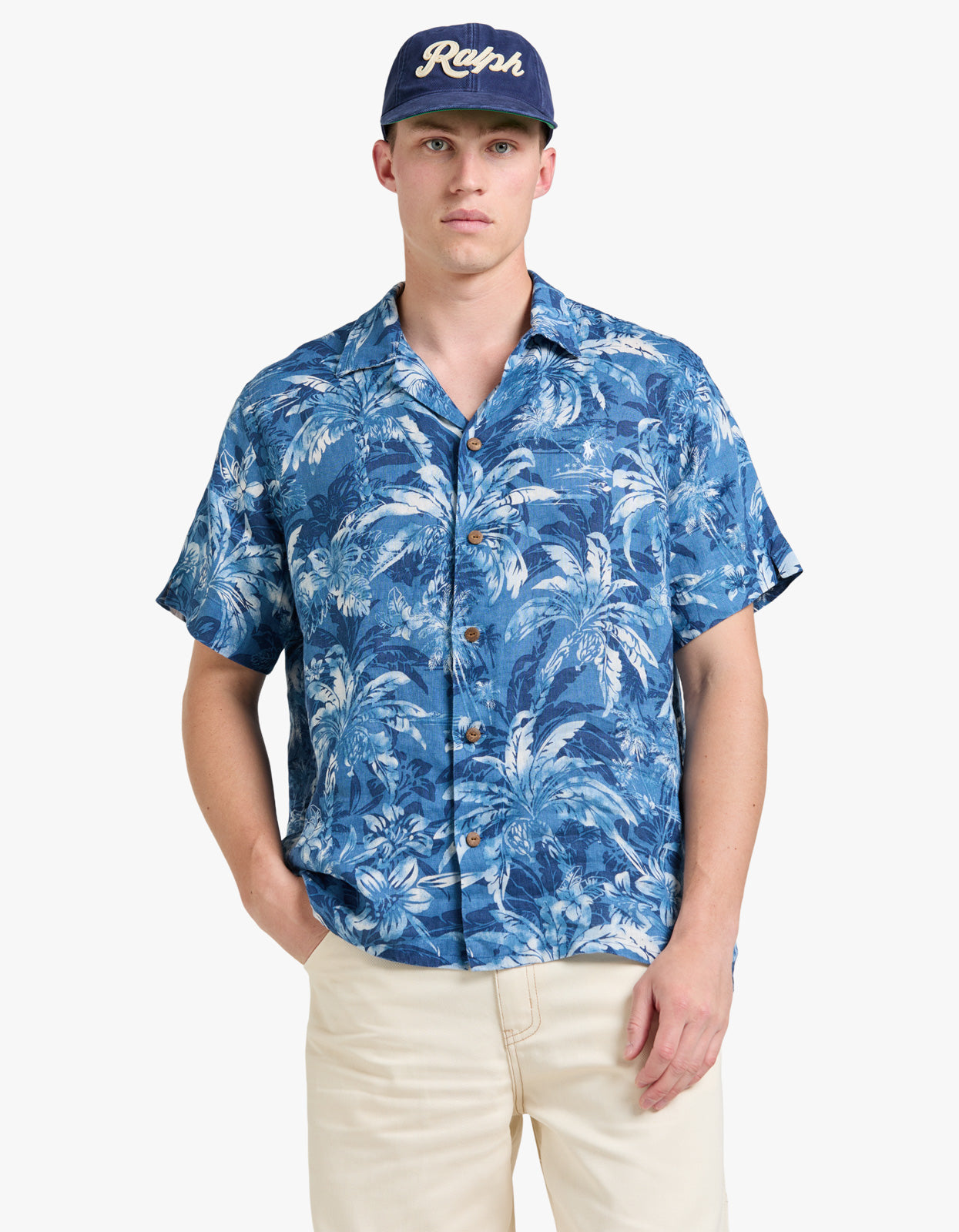 Classic Fit Tropical Print Linen Shirt - 6710 Indigo Palm Shadow