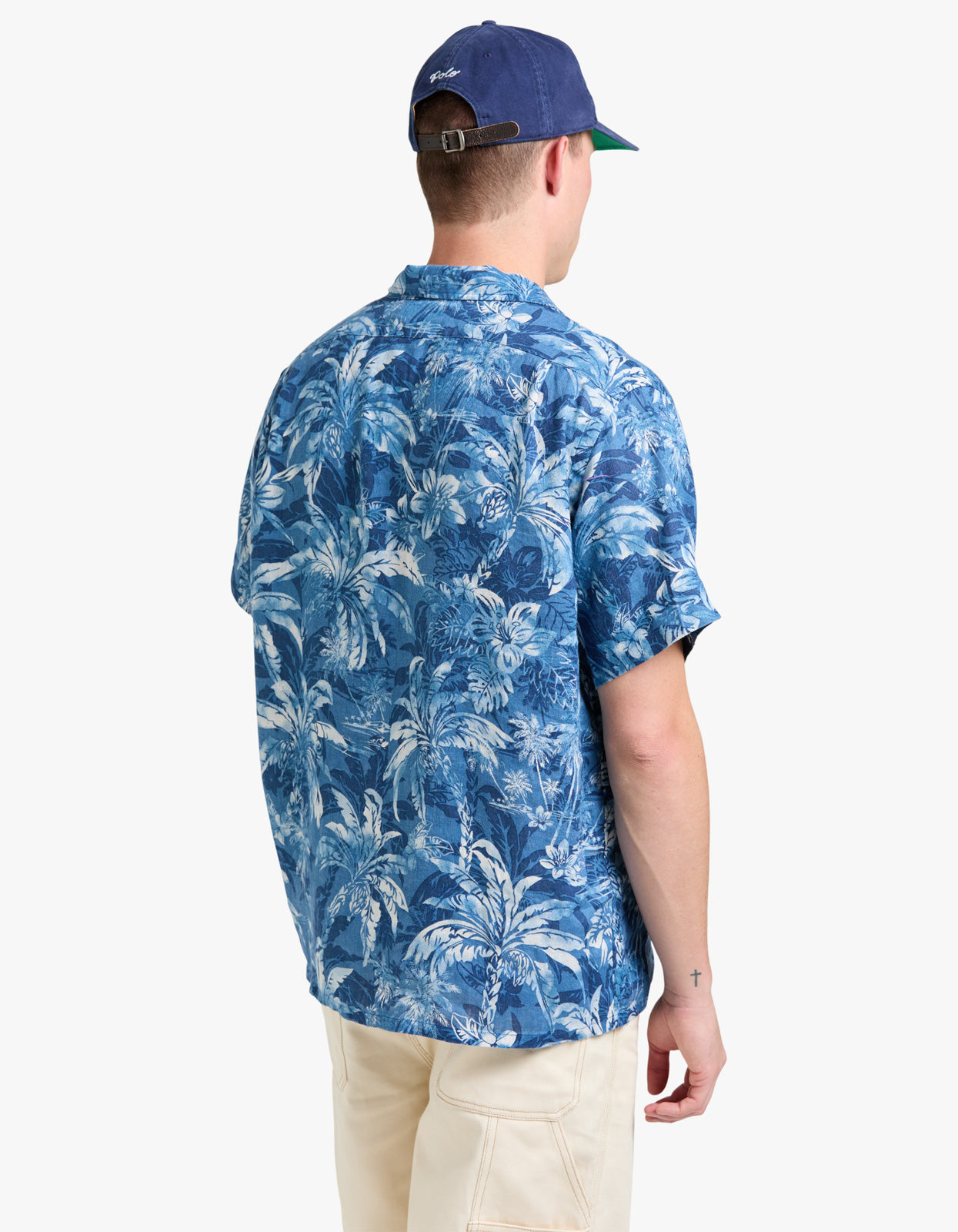 Classic Fit Tropical Print Linen Shirt - 6710 Indigo Palm Shadow