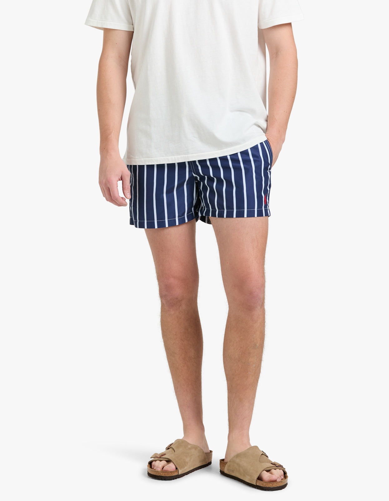4.5 Inch Traveler Slim Fit Swim Trunk - Navy Vertical Wide Stripe