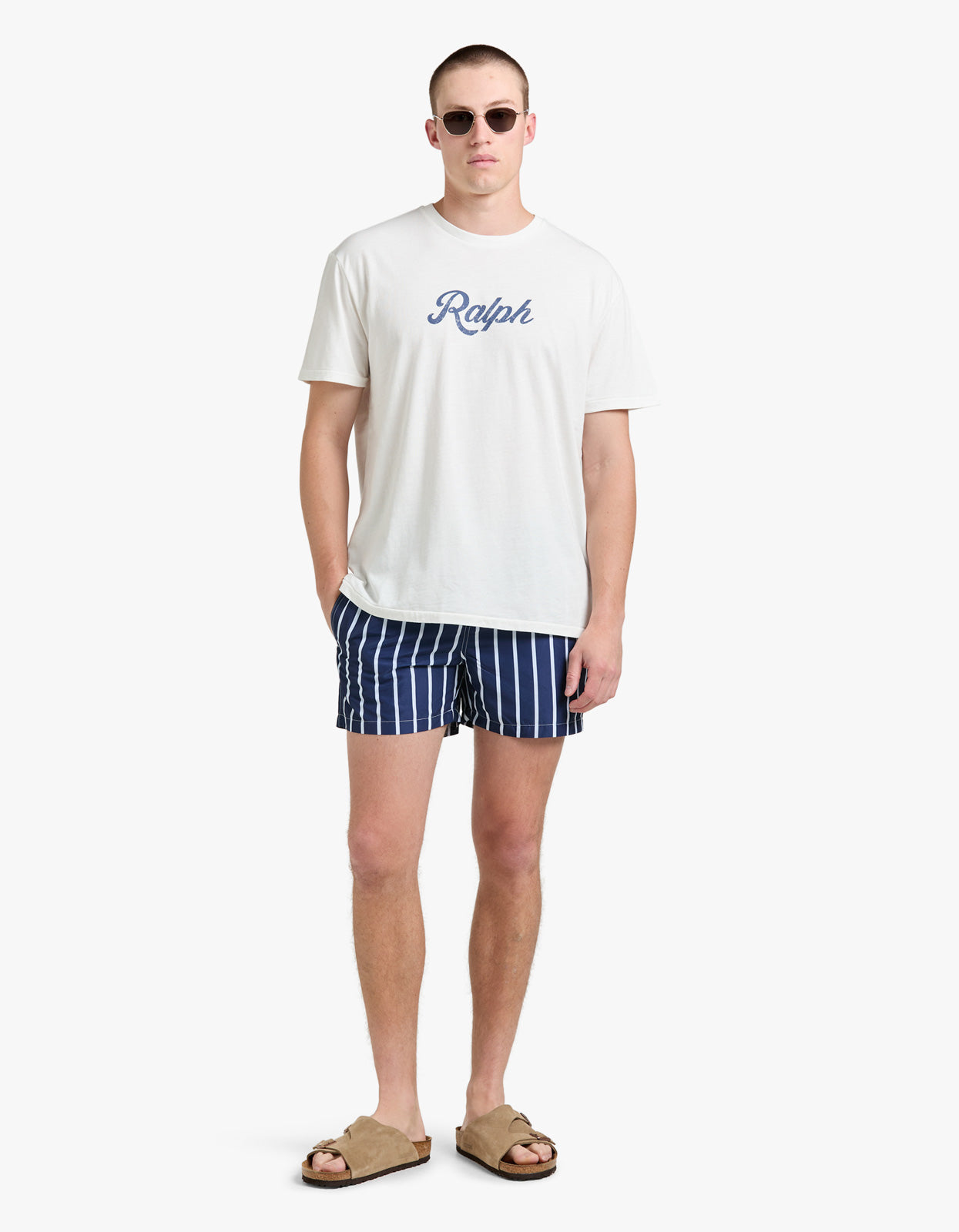 4.5 Inch Traveler Slim Fit Swim Trunk - Navy Vertical Wide Stripe