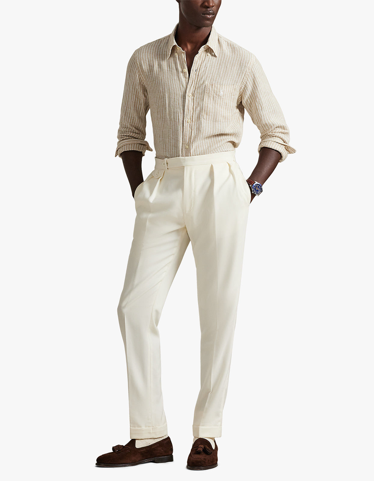 Custom Fit Striped Linen Shirt - 52F Costal Beige/White