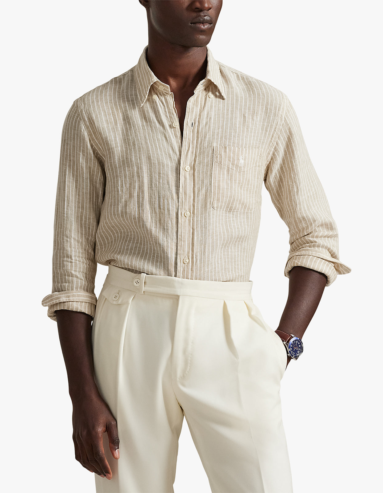 Custom Fit Striped Linen Shirt - 52F Costal Beige/White