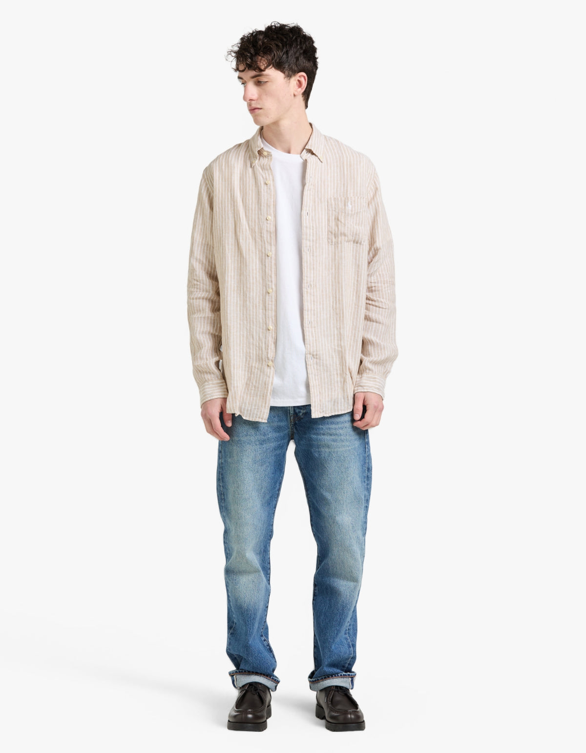 Custom Fit Striped Linen Shirt - 52F Costal Beige/White