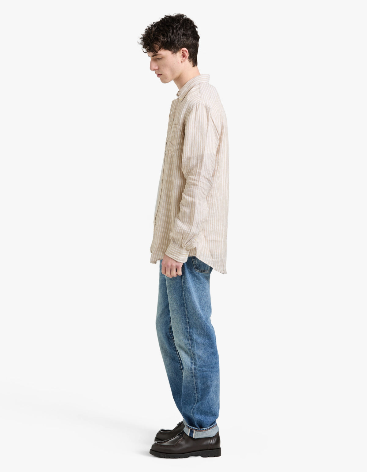Custom Fit Striped Linen Shirt - 52F Costal Beige/White