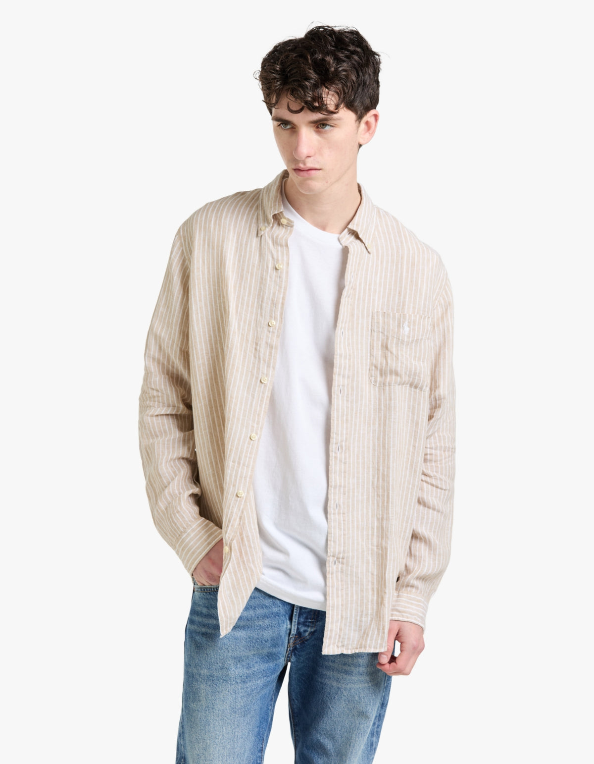 Custom Fit Striped Linen Shirt - 52F Costal Beige/White