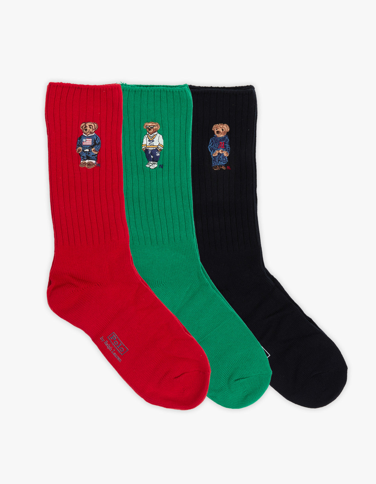 Mens Embroidered Bear Socks 3 Pair Box - Red/Green/Navy