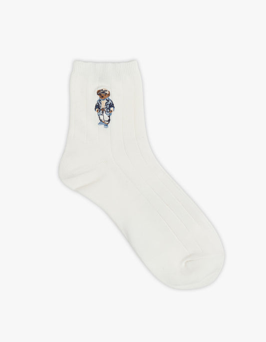 Mens Embroidered Polo Bear Dress Socks - White