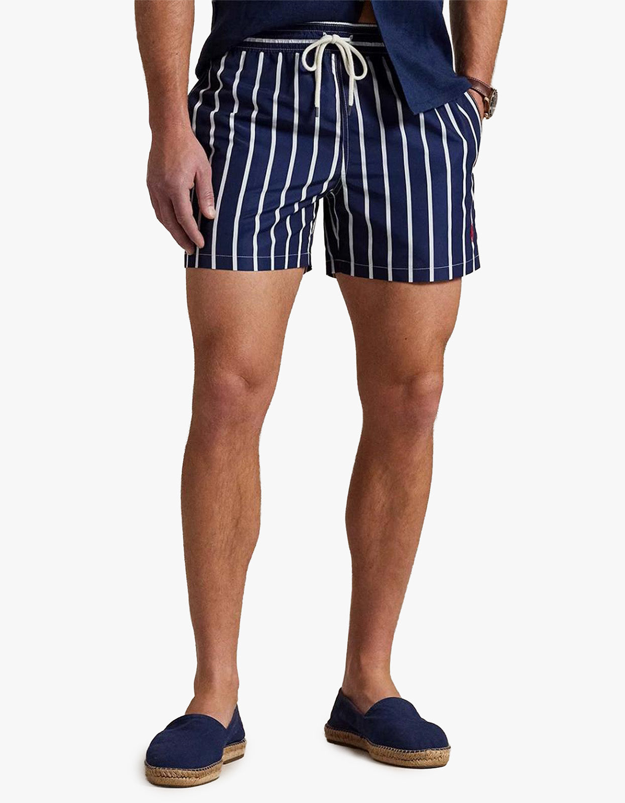 4.5 Inch Traveler Slim Fit Swim Trunk - Navy Vertical Wide Stripe