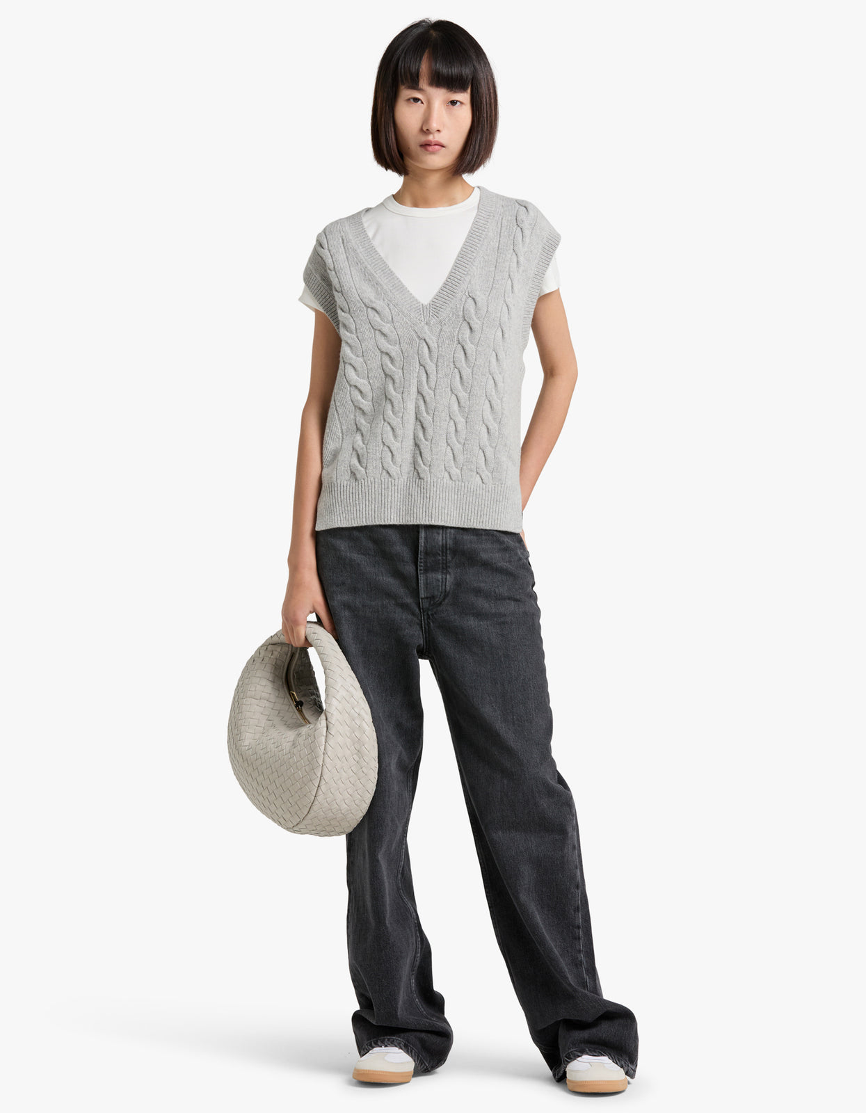 Superette | Cable V-Neck Sleeveless Vest - Soft Grey Melange 