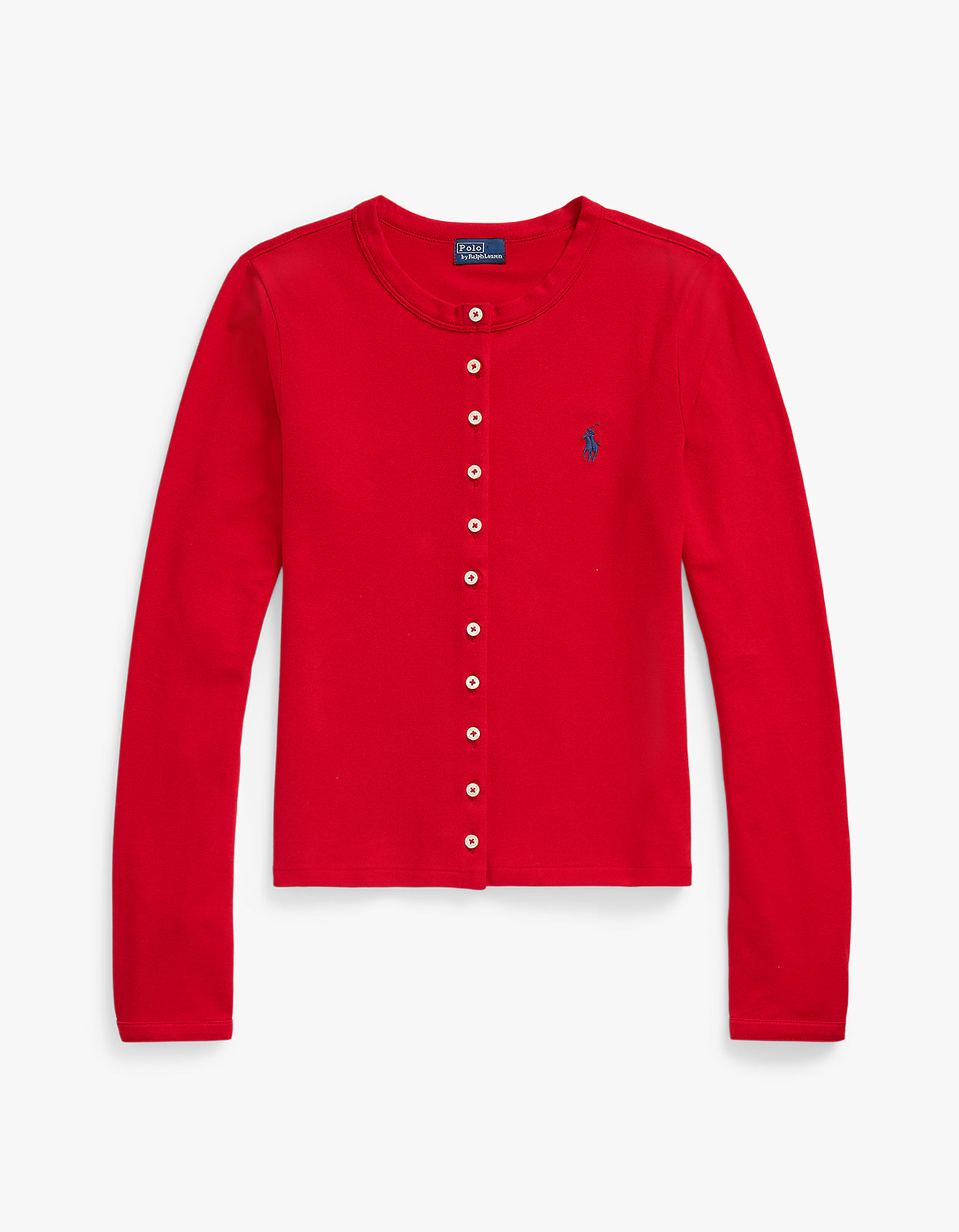 Stretch Mesh Cotton Crewneck Cardigan - Red