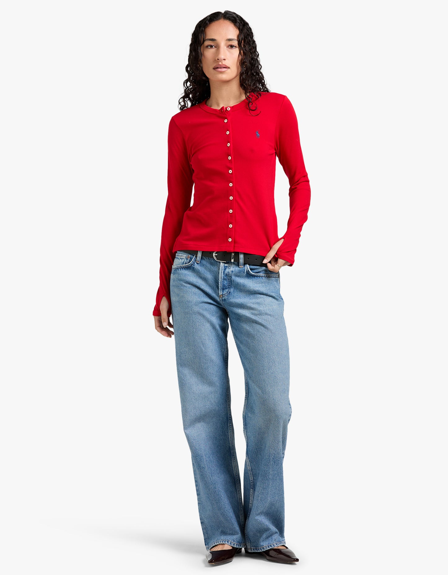 Stretch Mesh Cotton Crewneck Cardigan - Red