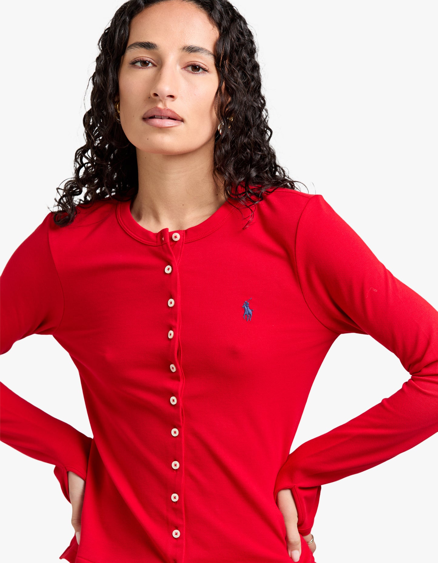 Stretch Mesh Cotton Crewneck Cardigan - Red