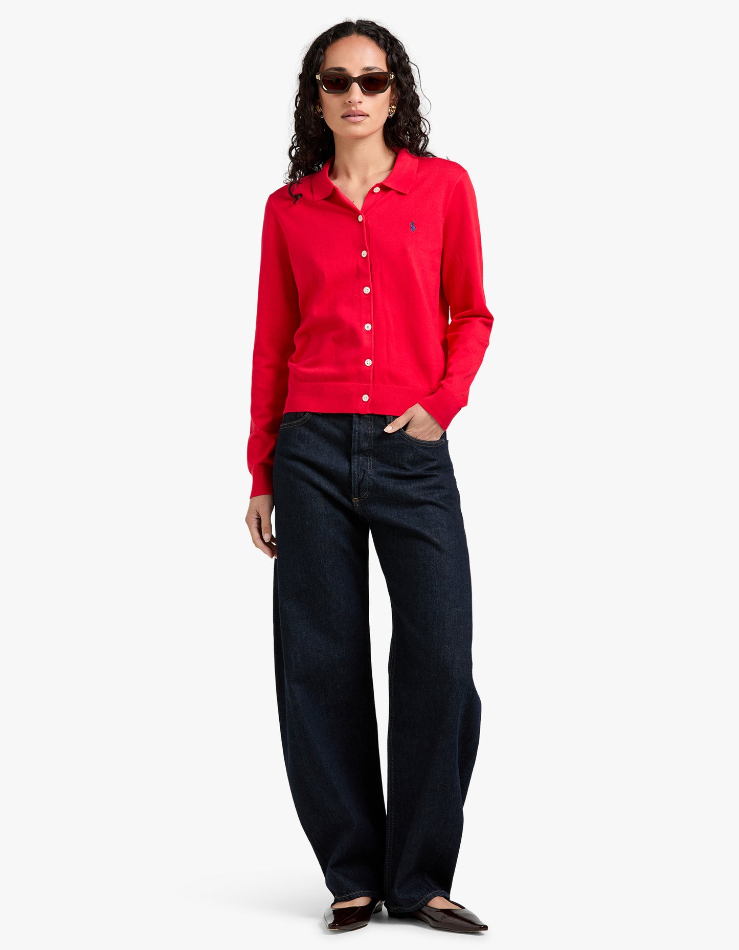 Cotton Blend Polo Cardigan - Pandora Red