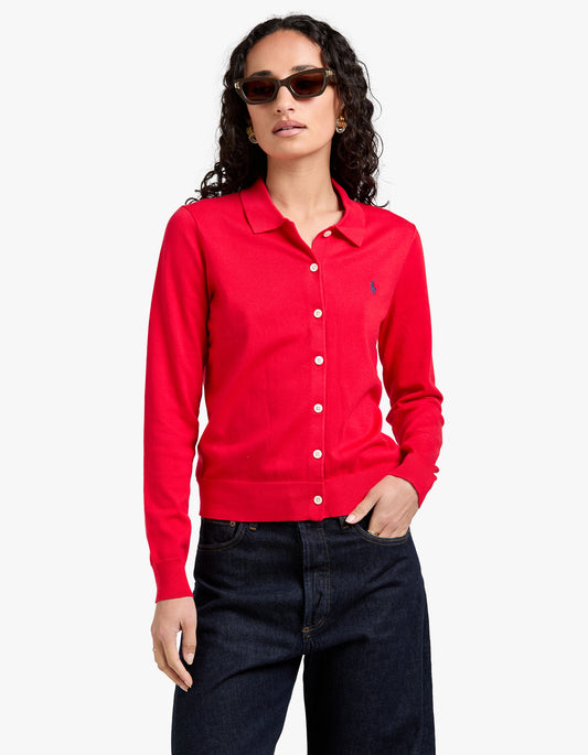 Cotton Blend Polo Cardigan - Pandora Red