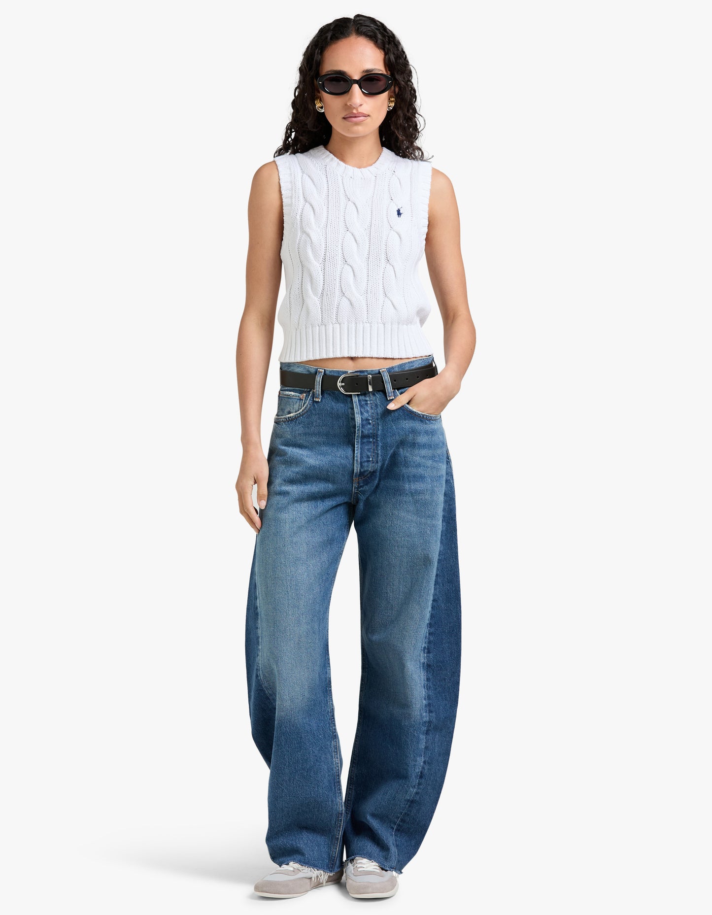 Cable Knit Cotton Cropped Vest - White