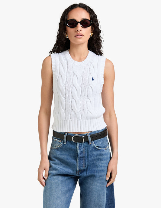 Cable Knit Cotton Cropped Vest - White