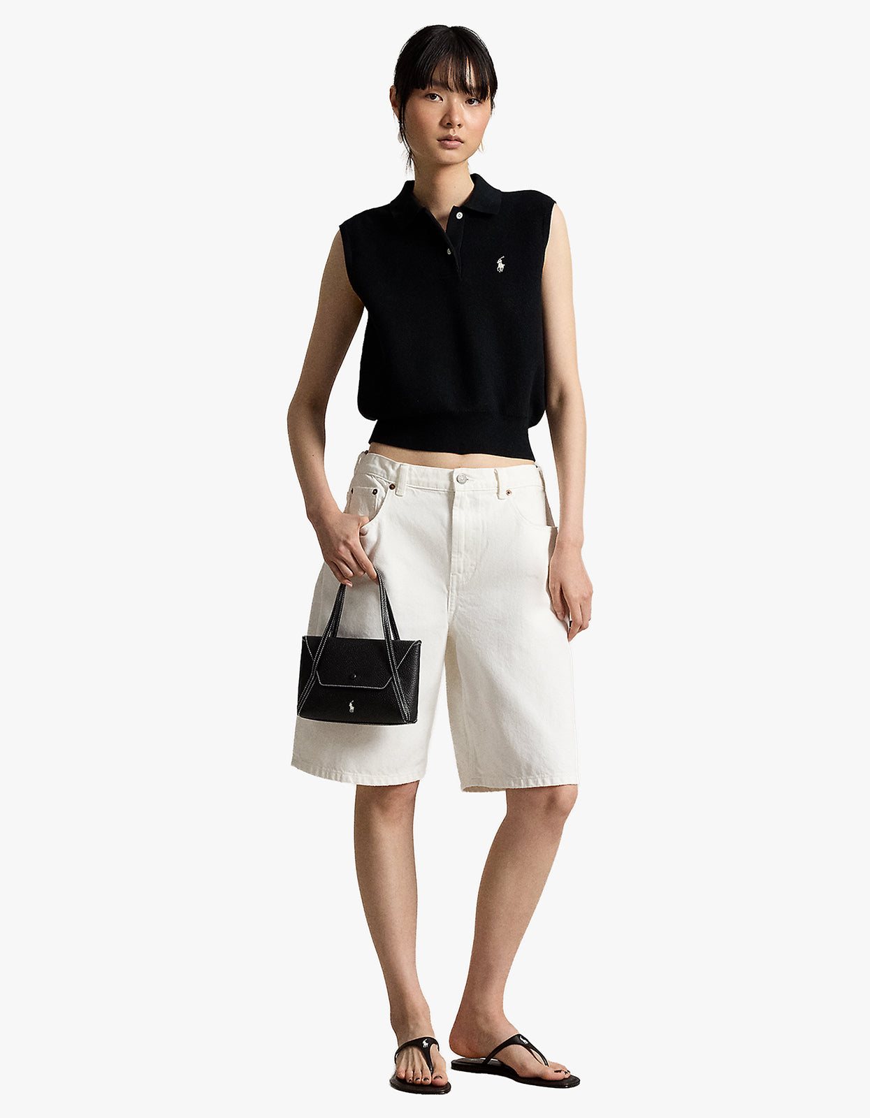 Cotton Cropped Sleeveless Polo Sweater - Polo Black