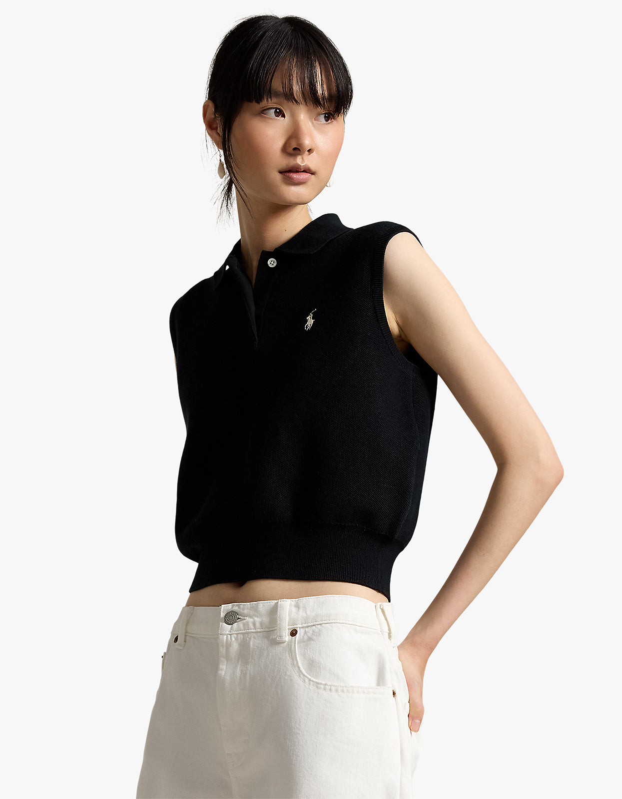 Cotton Cropped Sleeveless Polo Sweater - Polo Black