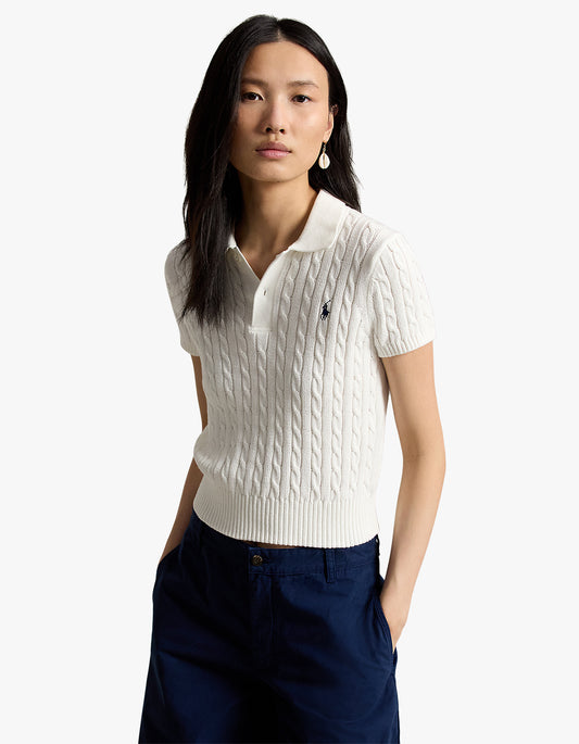 Cable-Knit Cotton Cropped Polo Shirt - White