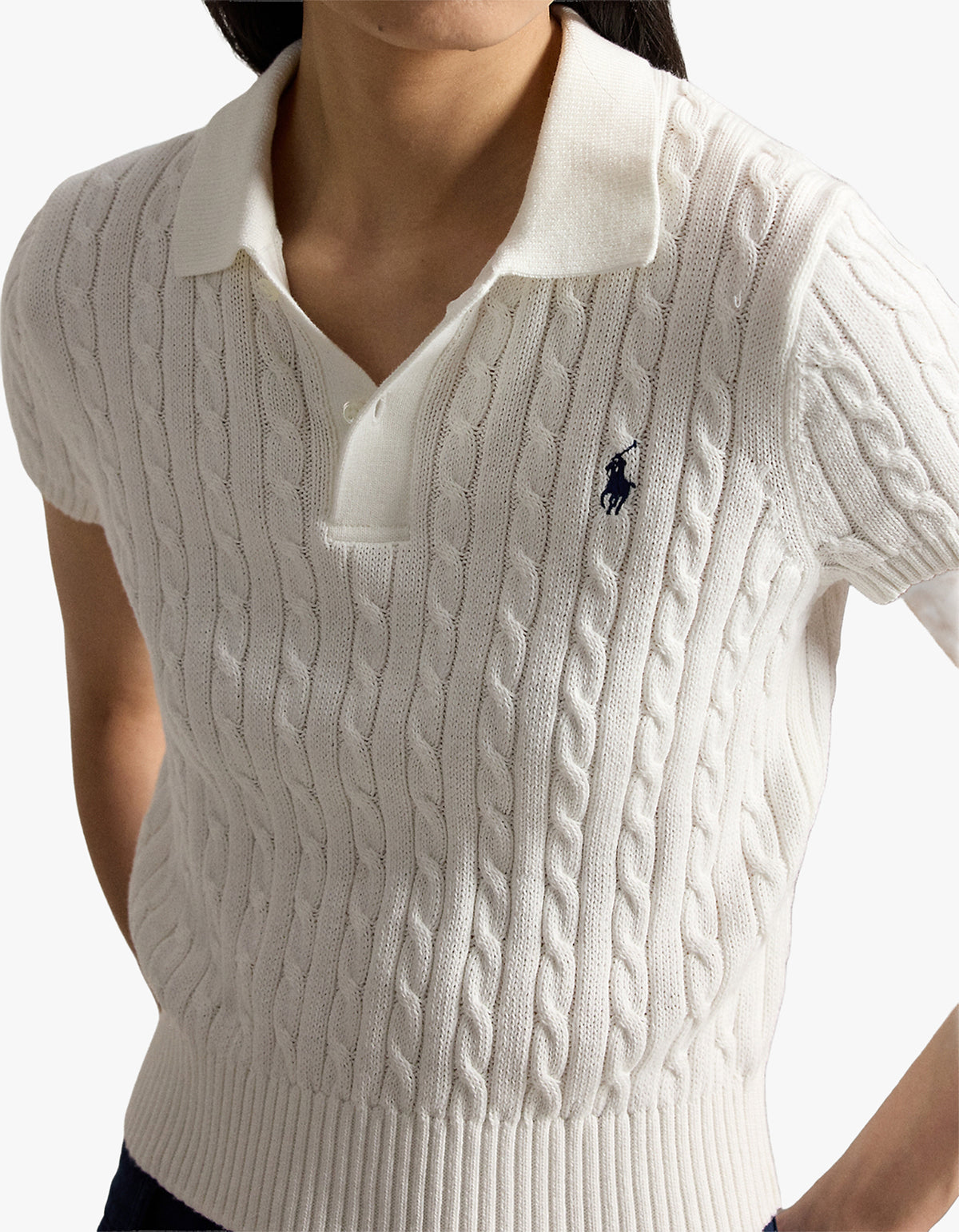 Cable-Knit Cotton Cropped Polo Shirt - White