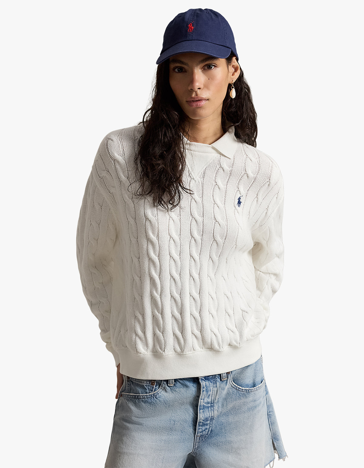 Cable-Knit Cotton Polo-Collar Sweater - White