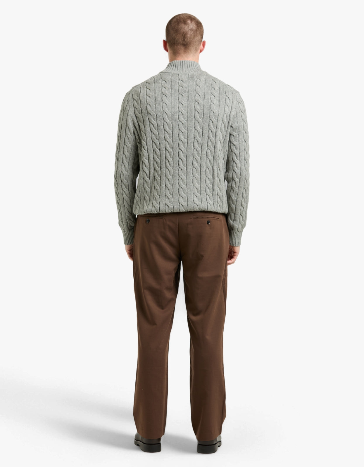 Cable Knit Cotton Quarter Zip Sweater - Fawn Grey Heather