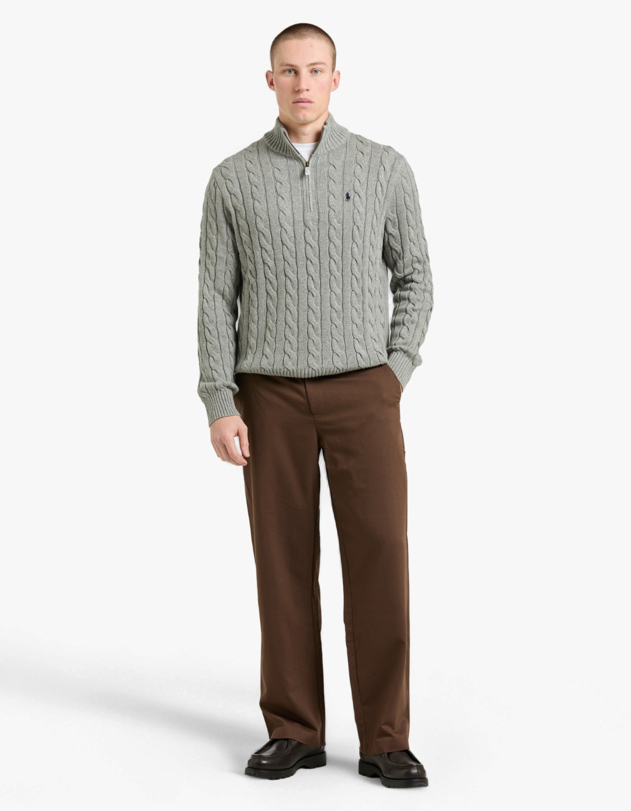Cable Knit Cotton Quarter Zip Sweater - Fawn Grey Heather