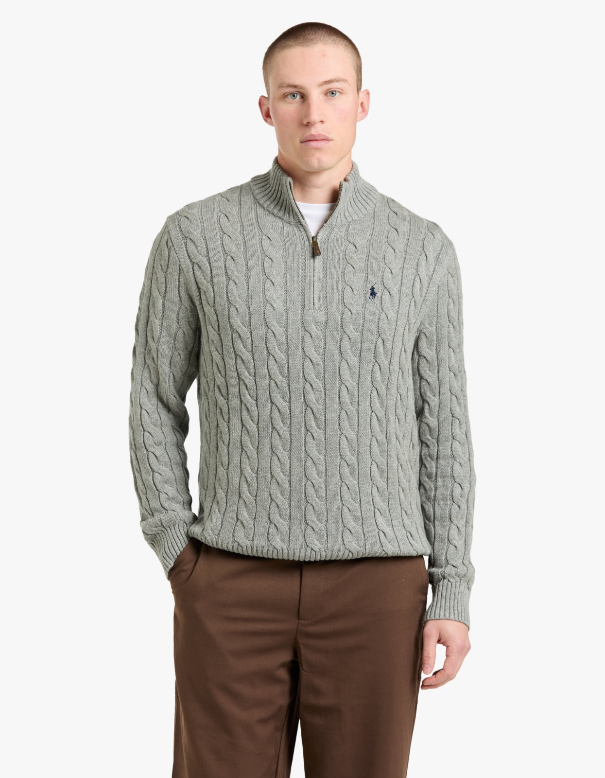 Cable Knit Cotton Quarter Zip Sweater - Fawn Grey Heather