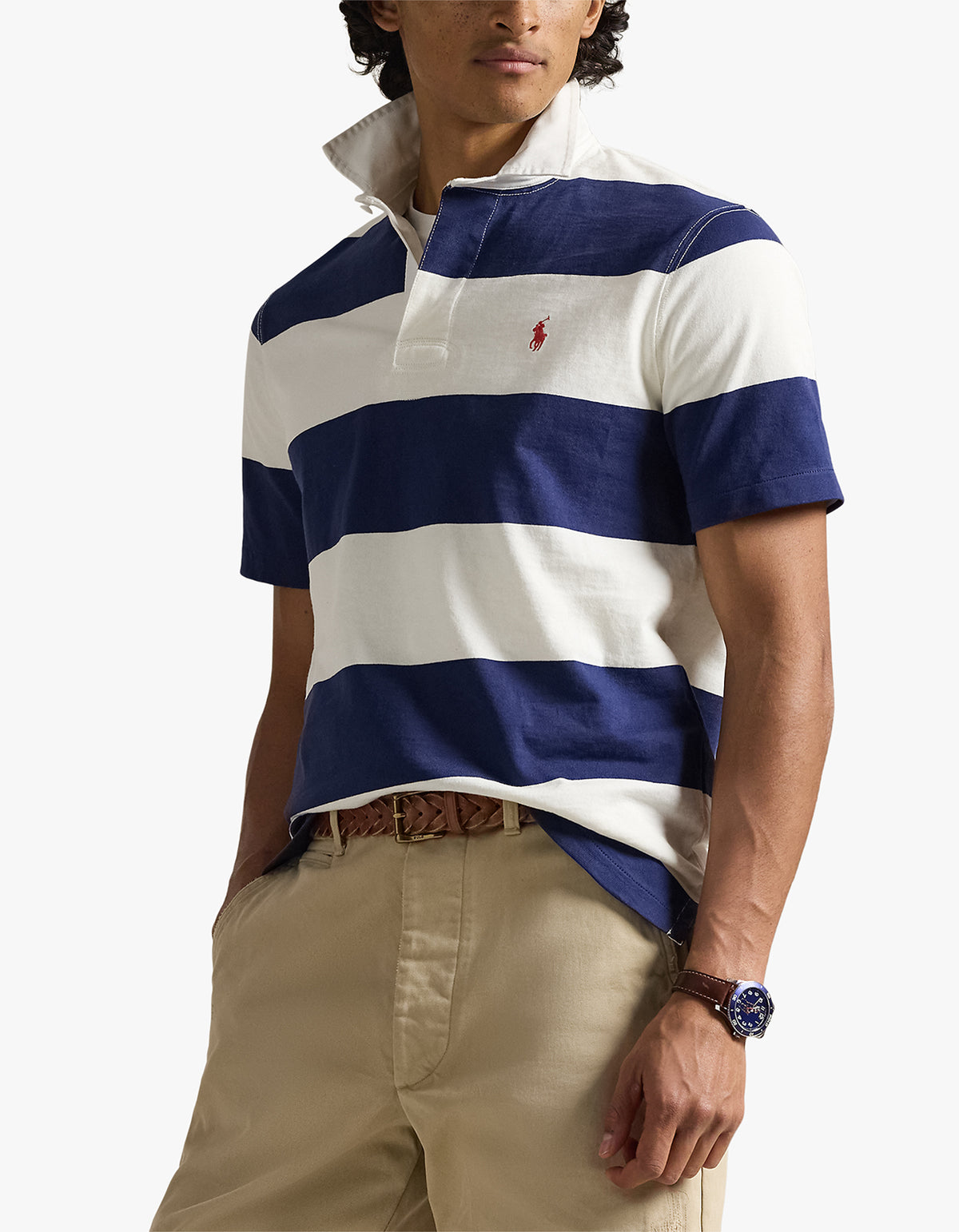 Classic Fit Short-Sleeve Rugby Shirt - Dark Cobalt/Deckwash White