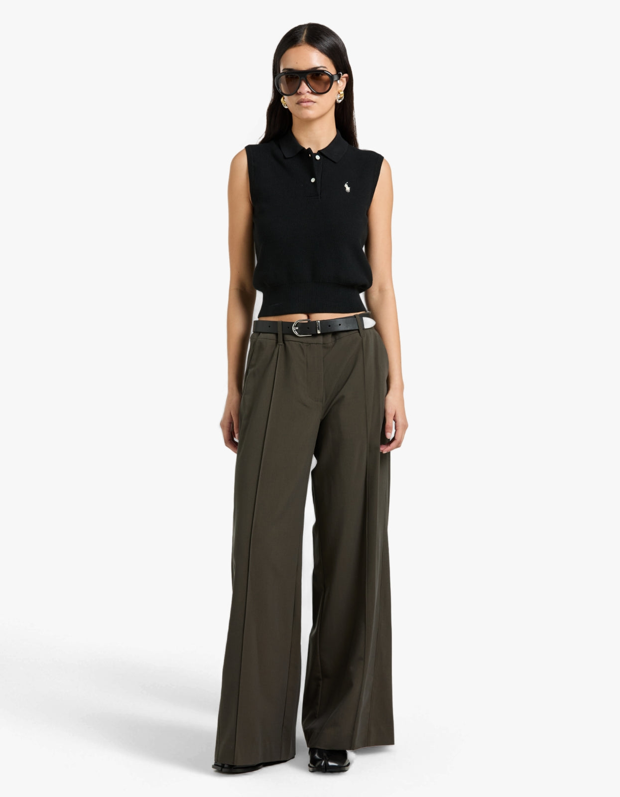 Cotton Cropped Sleeveless Polo Sweater - Polo Black