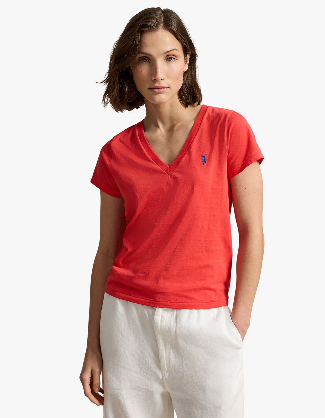 Cotton Jersey V-Neck Tee - Bright Hibiscus