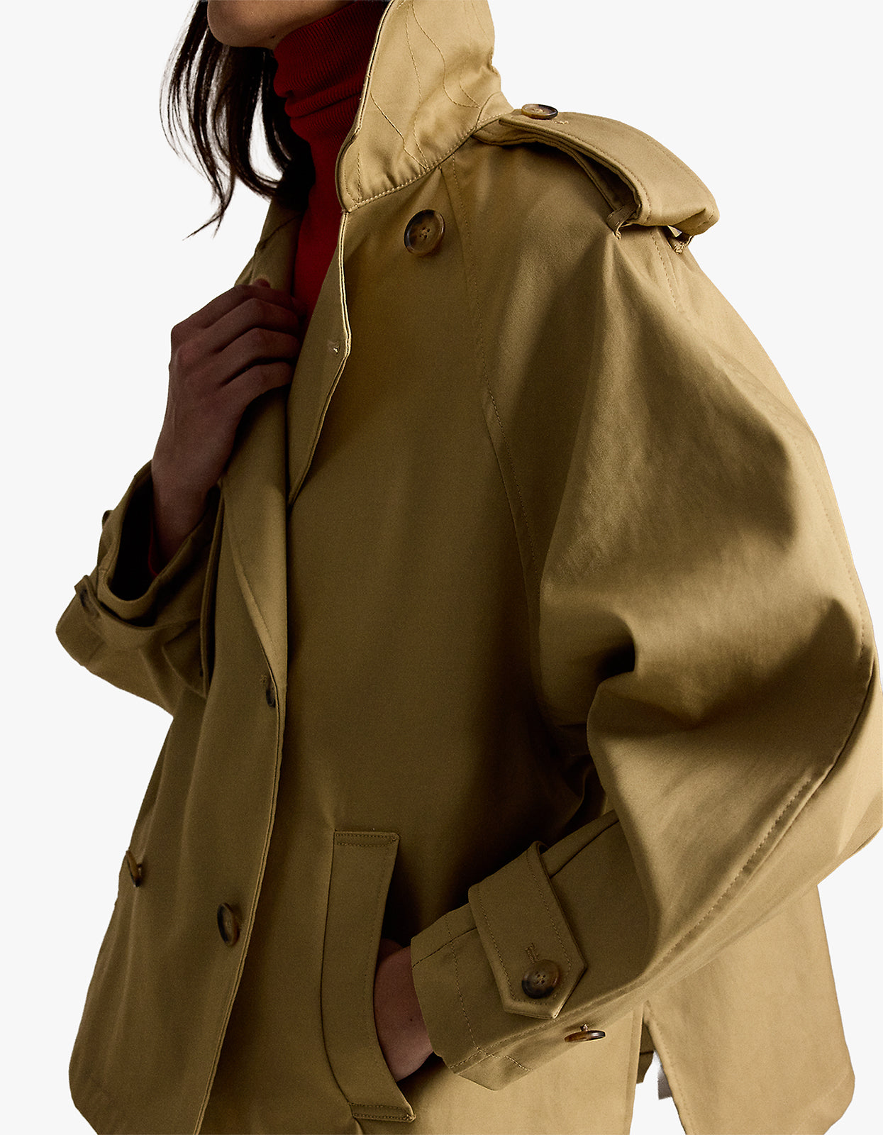 Cotton Twill Balloon Trench Coat - Khaki