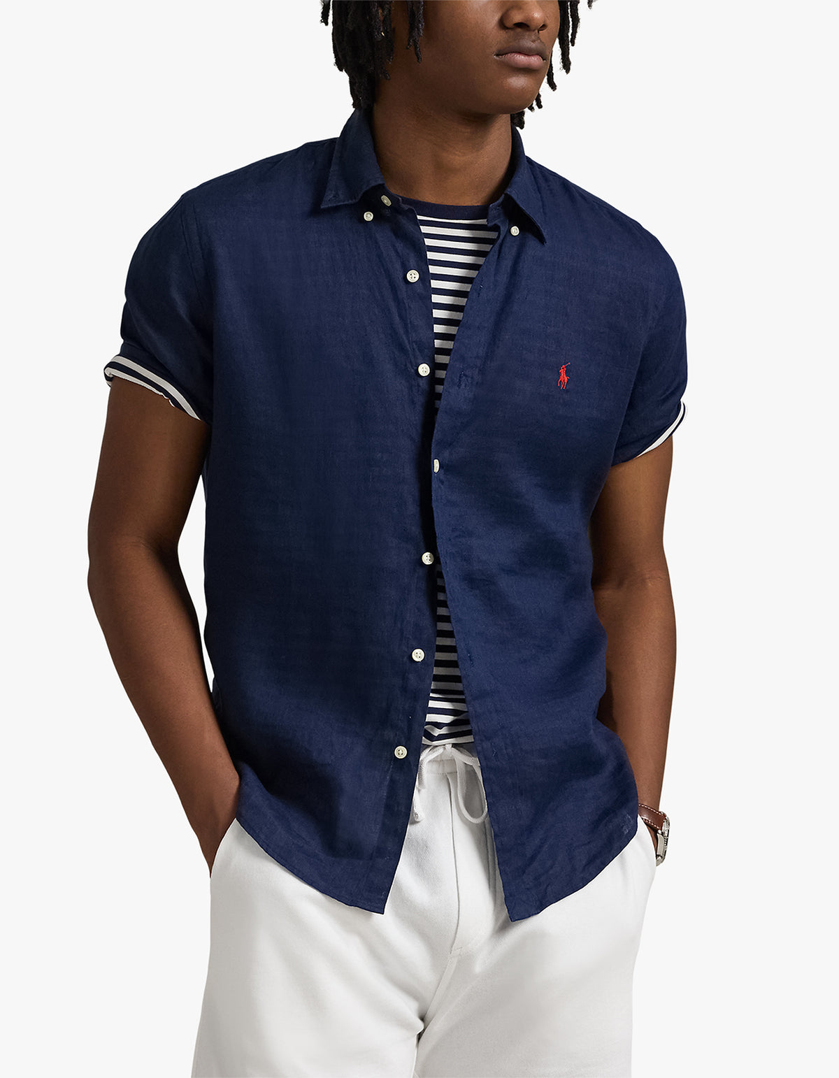 Custom Fit Linen Short Sleeve Shirt - Newport Navy