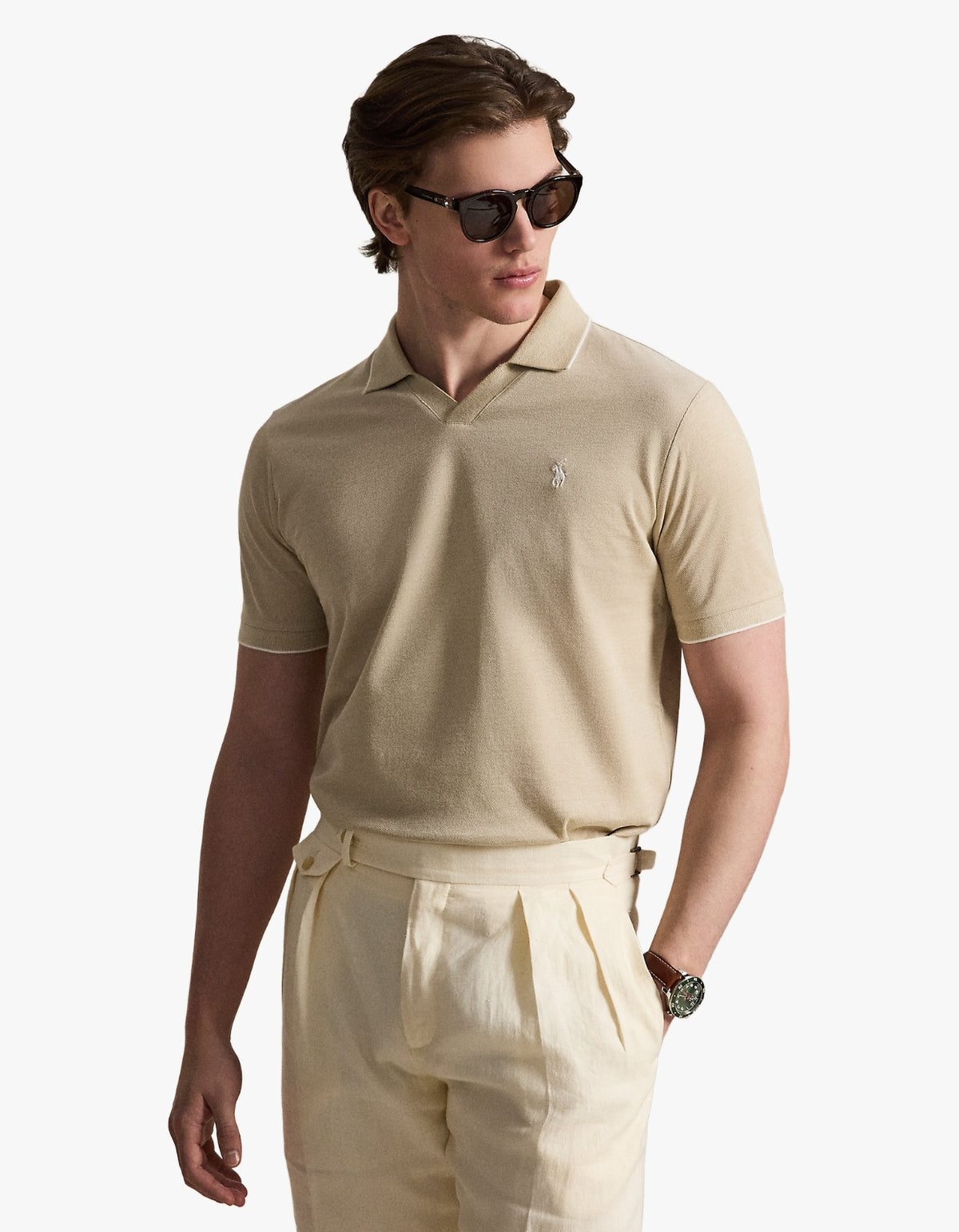 Jacquard Mesh Polo Shirt - Coastal Beige/White