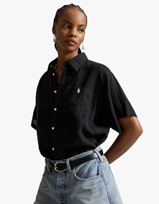 Oversize Fit Linen Short-Sleeve Shirt - Polo Black