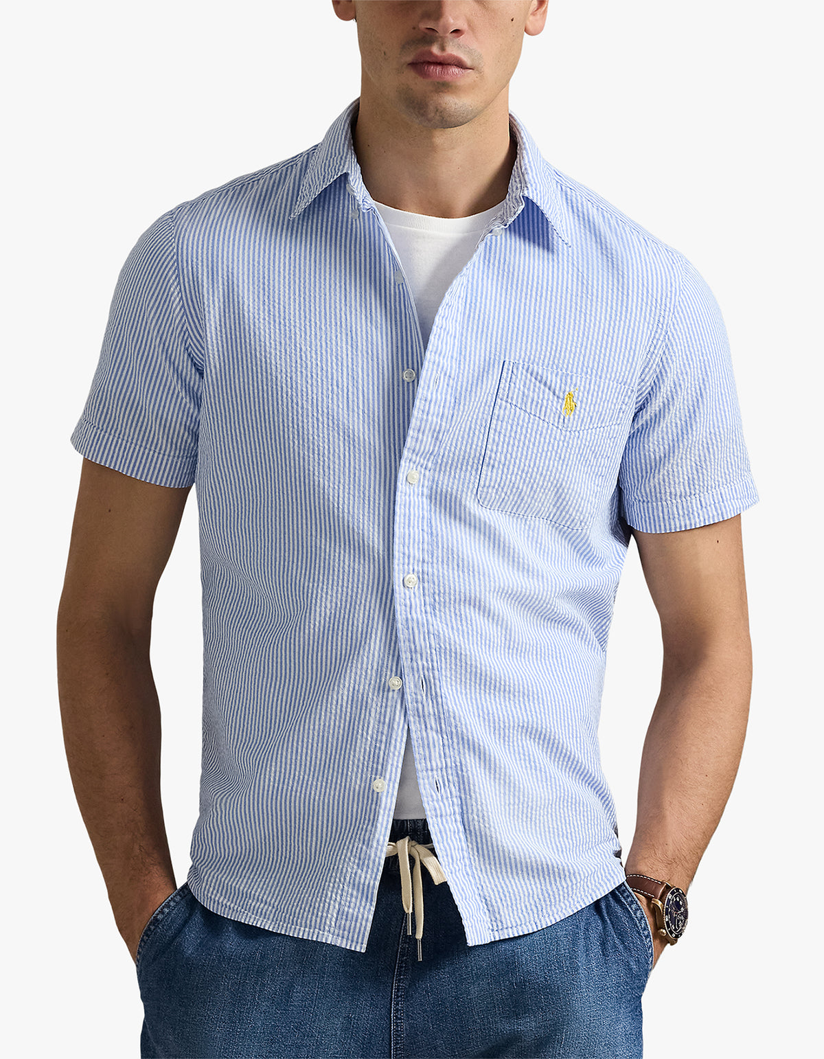RL Prepster Custom Fit Seersucker Shirt - 2604A Blue/White