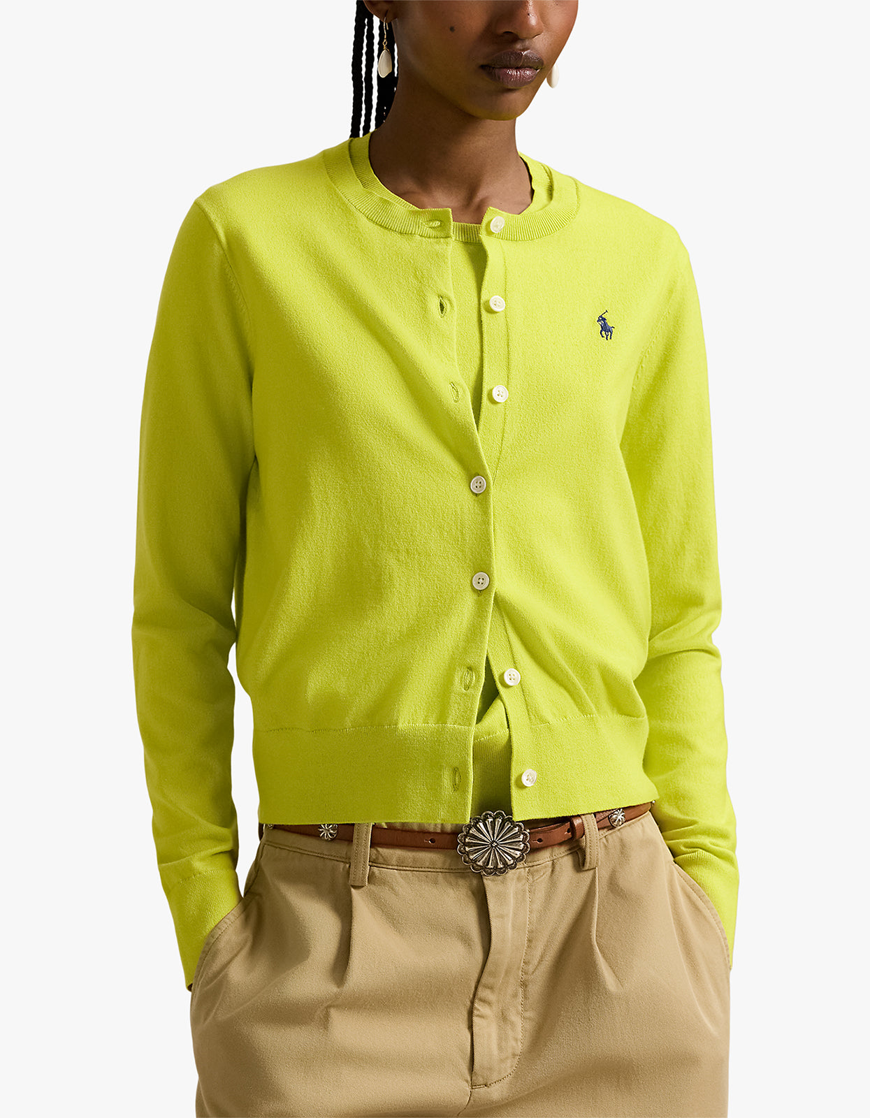 Stretch Cotton-Blend Crewneck Cardigan - Peridot Green