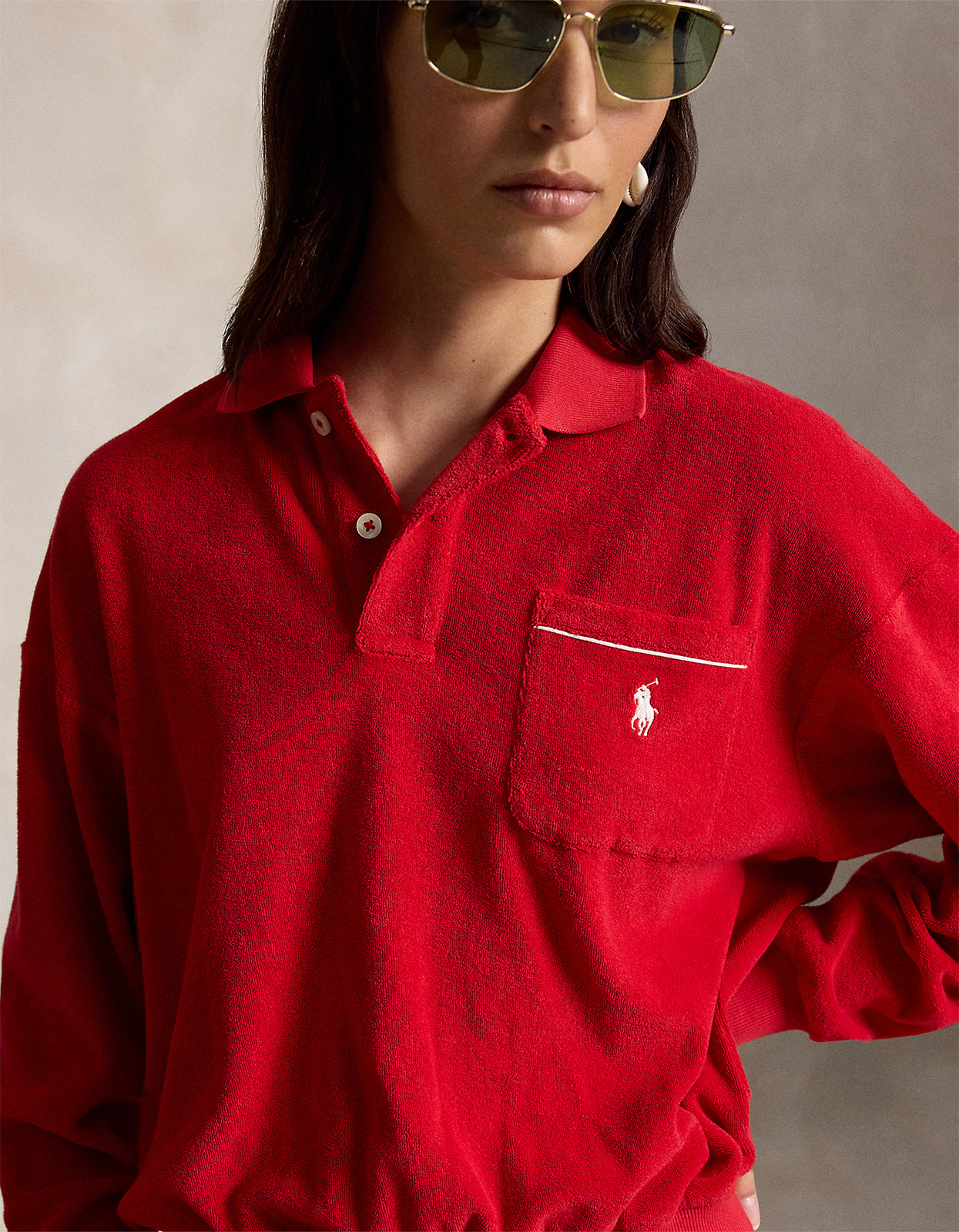 Terry Long-Sleeve Polo Shirt - Cruise Red