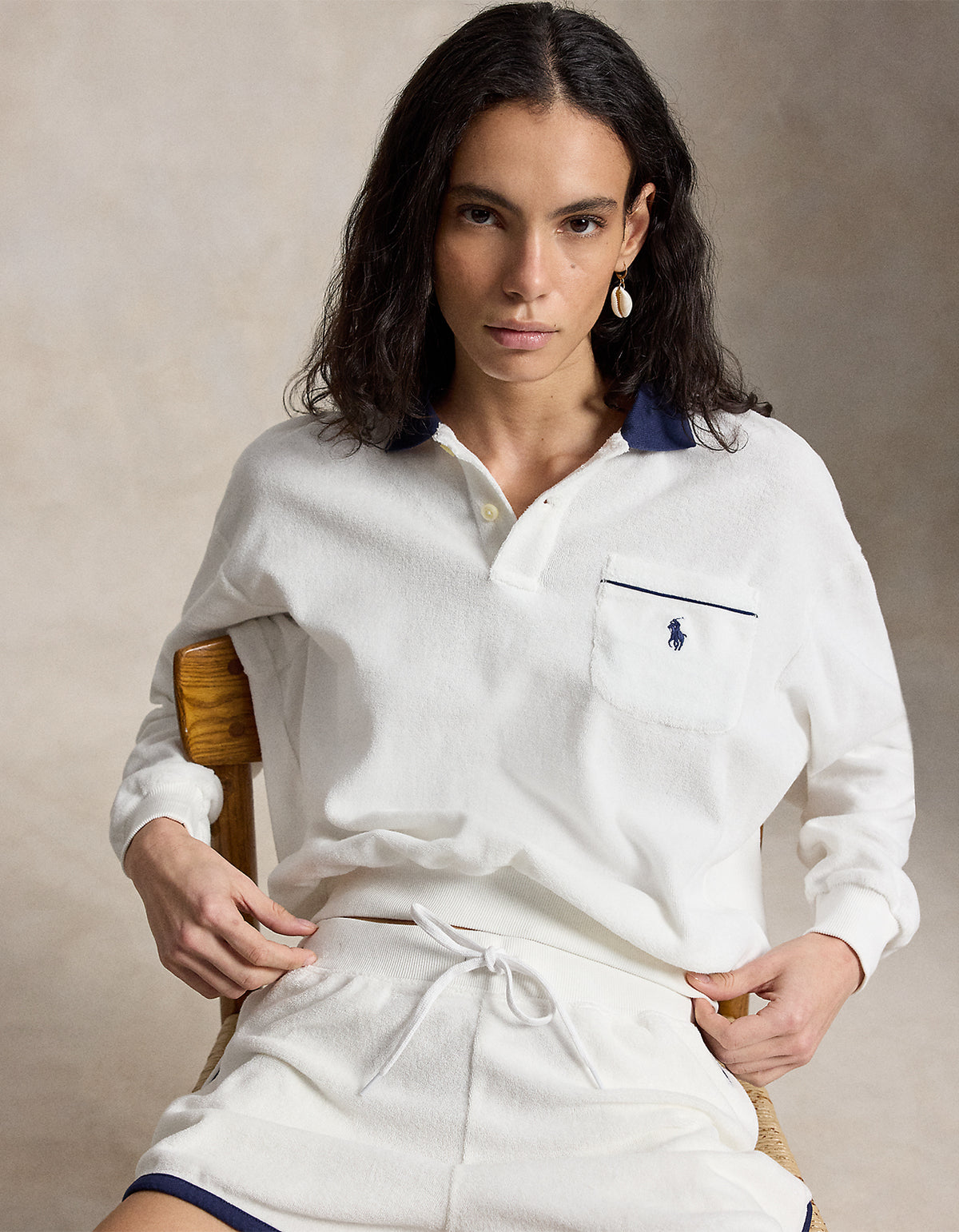 Terry Long-Sleeve Polo Shirt - White