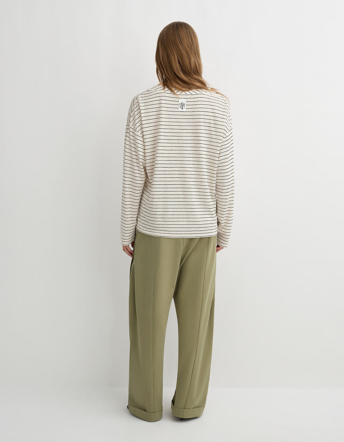 Herbert The Dylan L/S in cream and black stripe, detail of the lightweight linen blend fabric