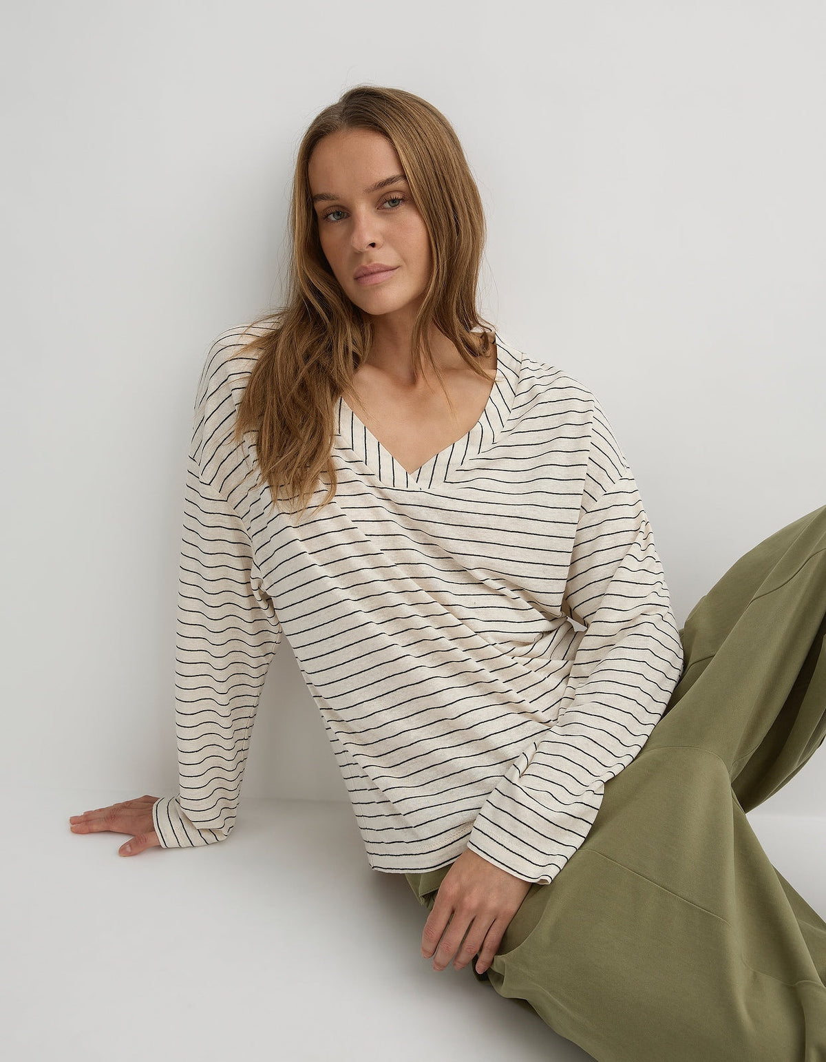 Herbert The Dylan L/S in cream and black stripe, showing the stripes set on the angle at the neckline
