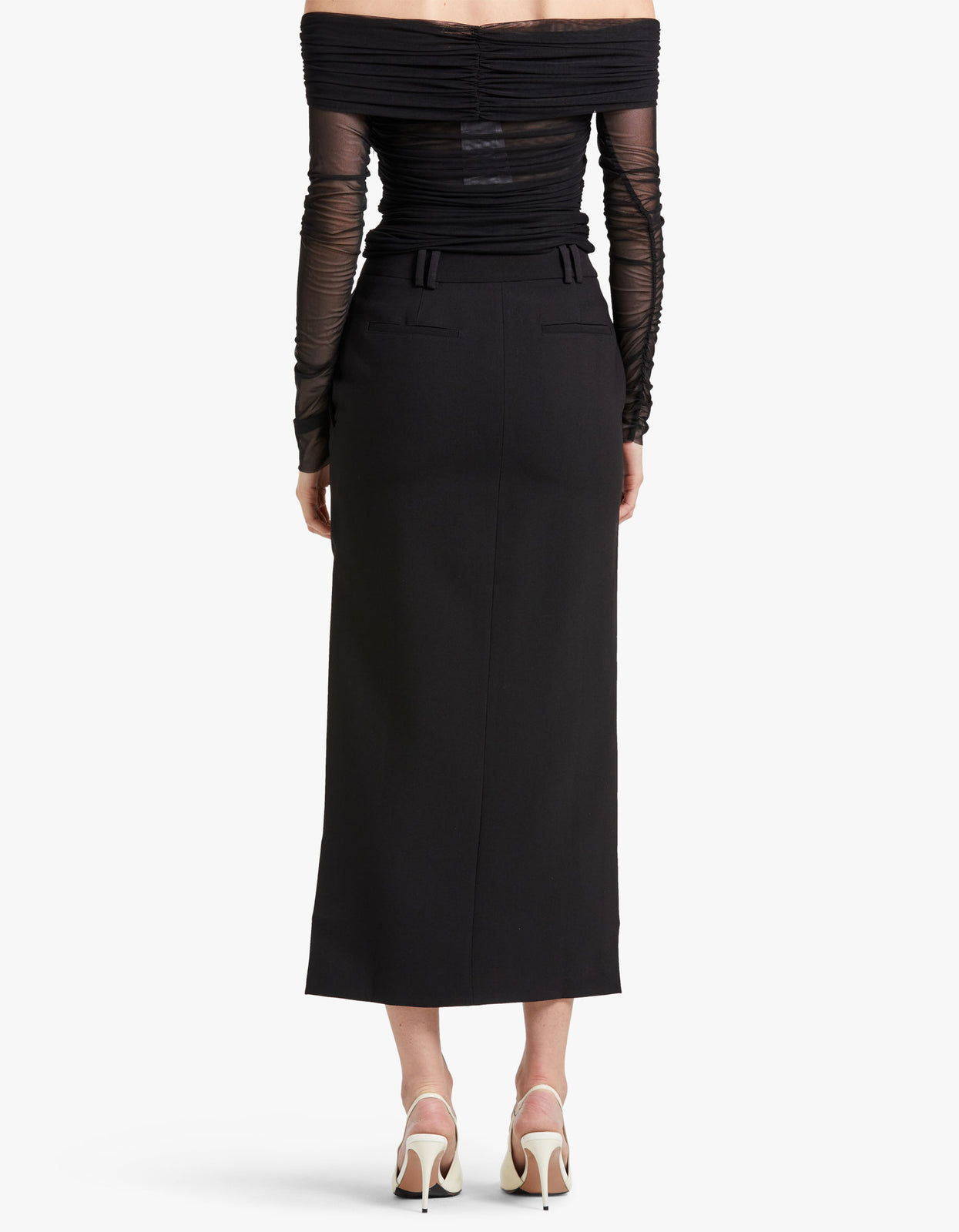 CHLOE X LAVINIA SIDE SPLIT MAXI SKIRT AND PADDED SHOULDER TOP - BLACK LACE