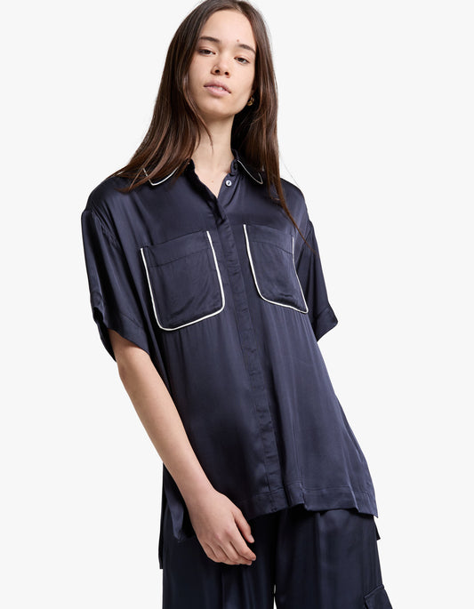Shae Contrast Short Sleeve Relaxed Shirt - Aegean Blue