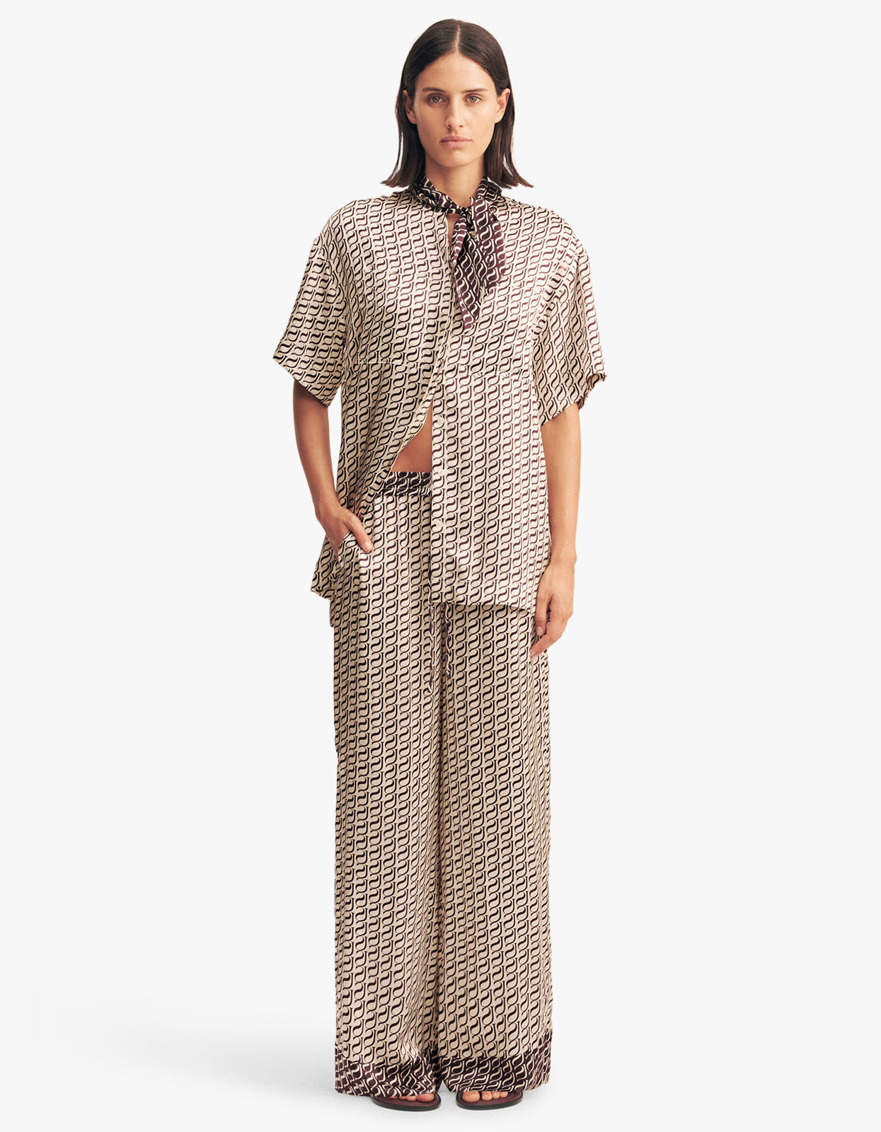 Monogram Silk Contrast Shirt - Espresso Stamp