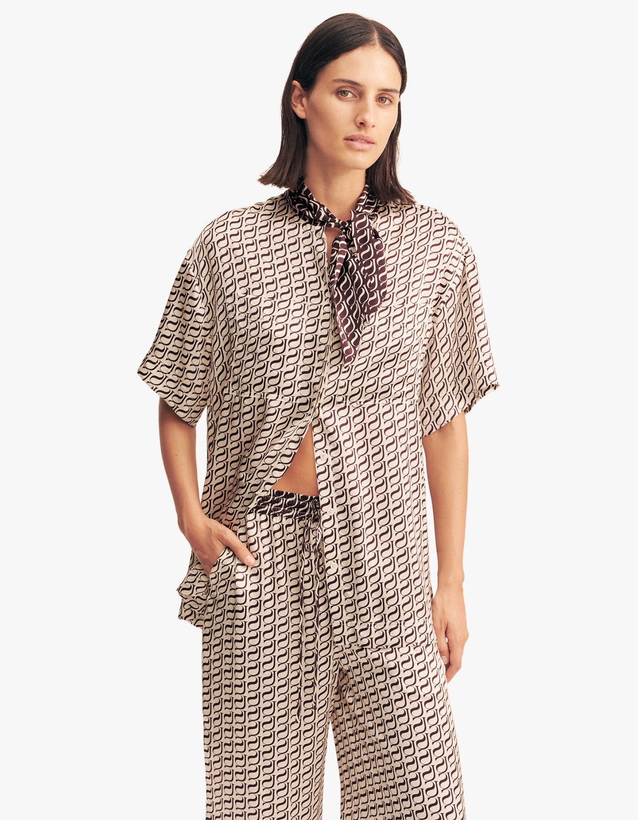 Monogram Silk Contrast Shirt - Espresso Stamp