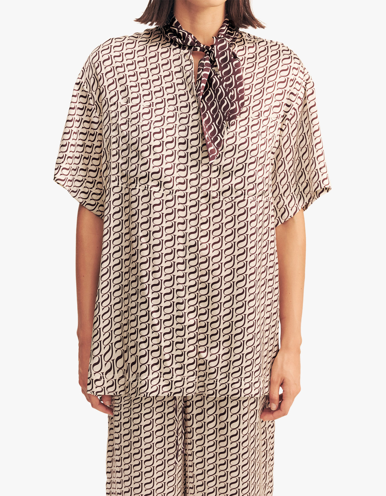 Monogram Silk Contrast Shirt - Espresso Stamp