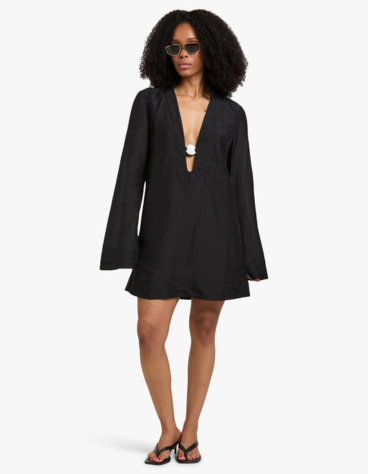 Paloma Plunged Long Sleeve Mini Dress - Black