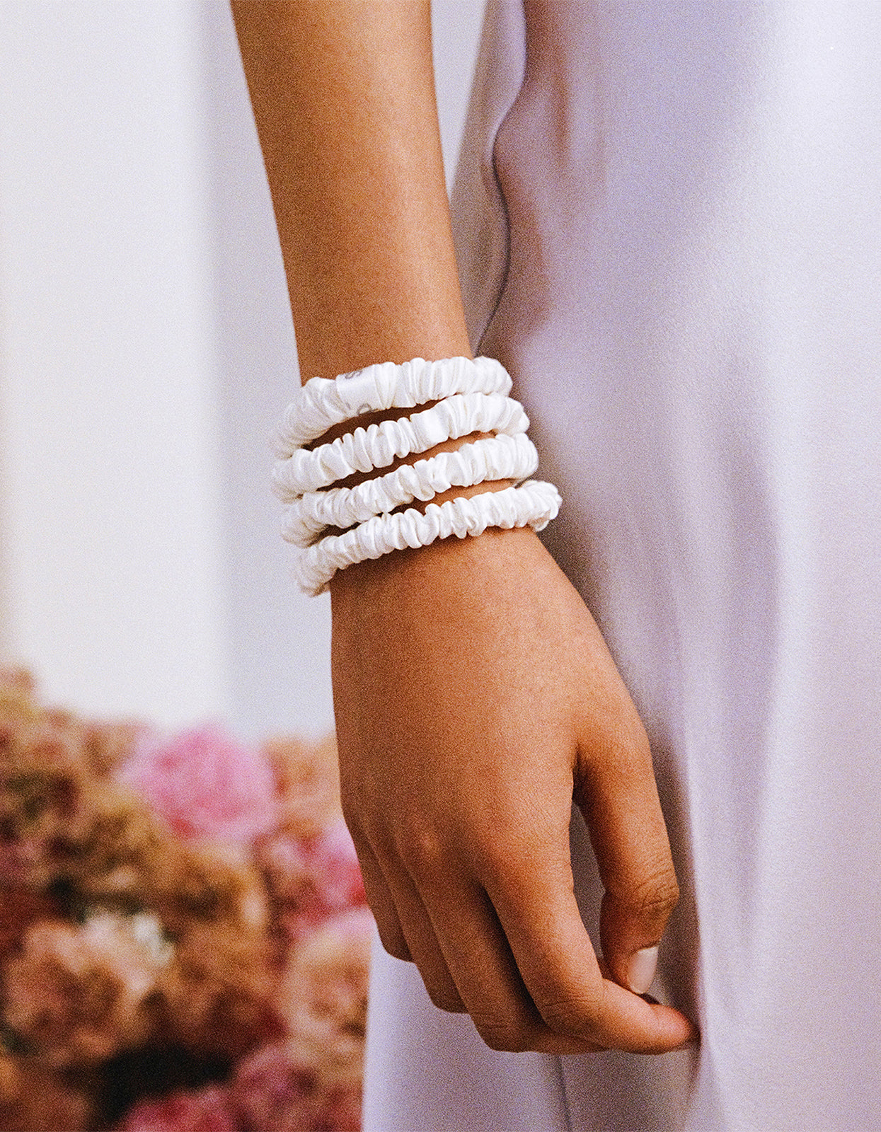 Silk Skinny Scrunchie Set - White