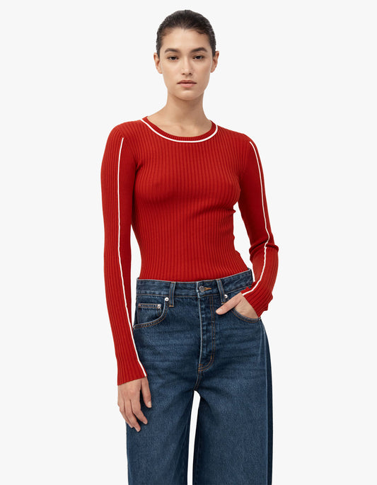 Fine Line Long Sleeve Top - Red / Off White