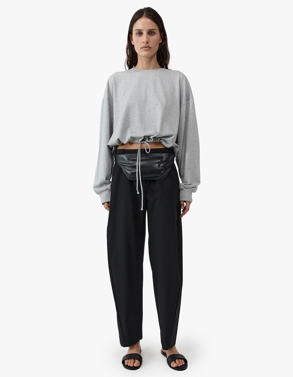 Drawstring Long Sleeve Top - Light Grey Marle